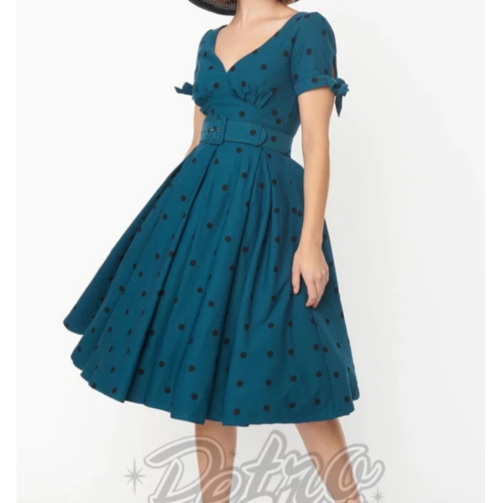 UNIQUE VINTAGE DOREEN DRESS IN TEAL & BLACK POLKA DOT